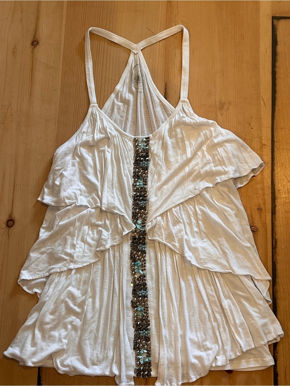 White Ruffle Tank Top with Intricate Beading